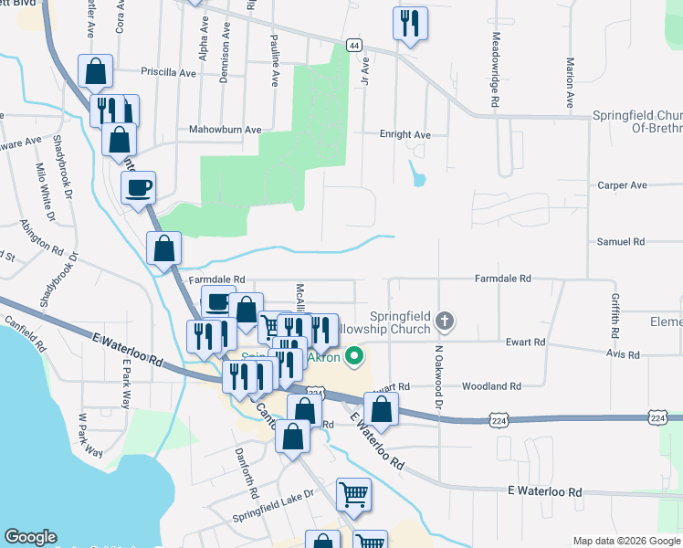 map of restaurants, bars, coffee shops, grocery stores, and more near 2877 Farmdale Road in Akron
