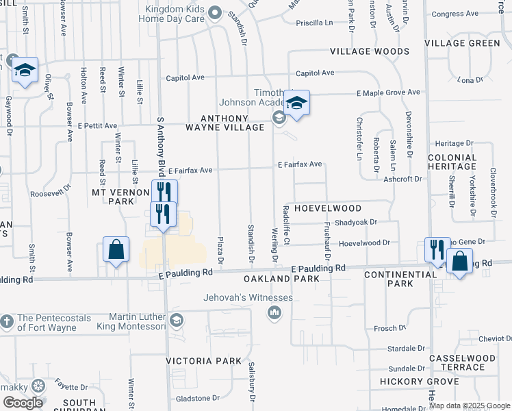 map of restaurants, bars, coffee shops, grocery stores, and more near 5423 Standish Drive in Fort Wayne
