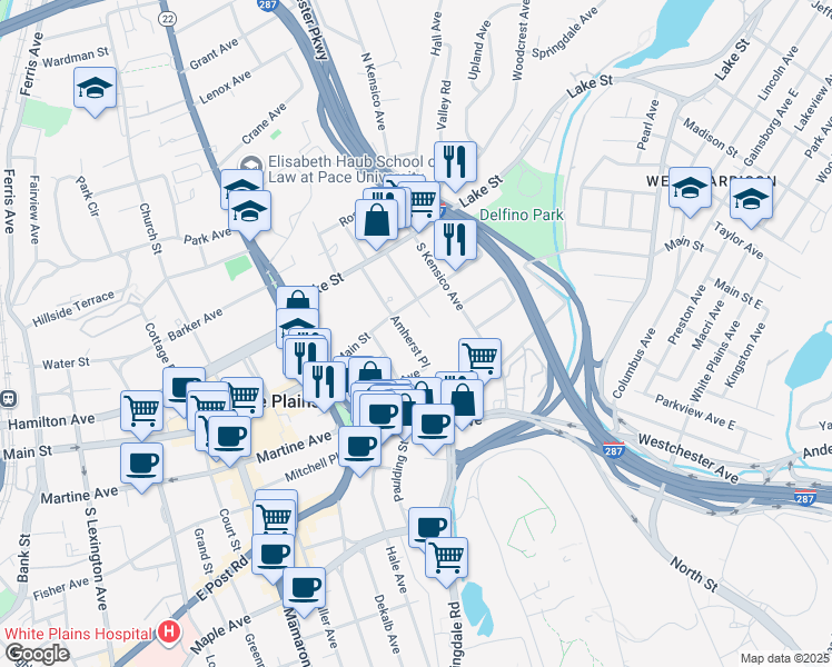 map of restaurants, bars, coffee shops, grocery stores, and more near 7 Amherst Place in White Plains