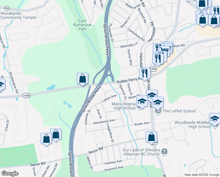 map of restaurants, bars, coffee shops, grocery stores, and more near 26 Shelley Avenue in Hartsdale