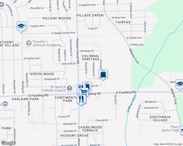 map of restaurants, bars, coffee shops, grocery stores, and more near 5310 Yorkshire Drive in Fort Wayne