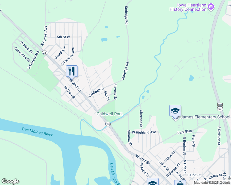 map of restaurants, bars, coffee shops, grocery stores, and more near 1413 Slavens Street in Ottumwa
