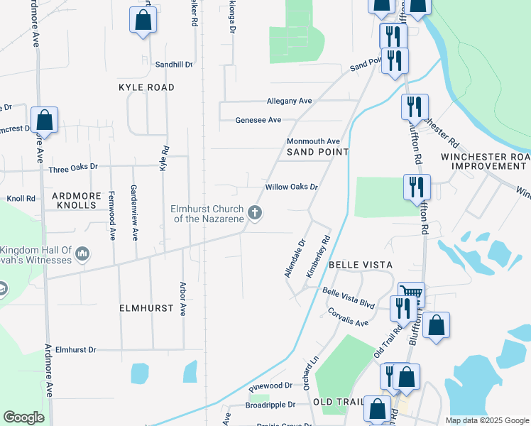 map of restaurants, bars, coffee shops, grocery stores, and more near 2927 Sand Point Rd in Fort Wayne