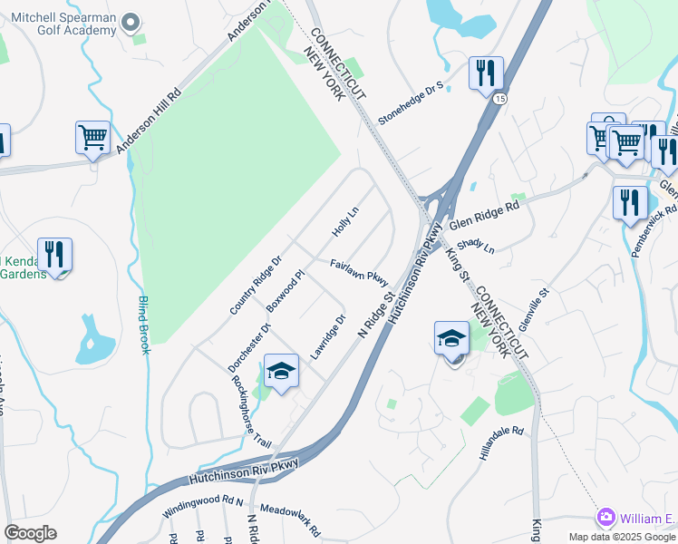 map of restaurants, bars, coffee shops, grocery stores, and more near 12 Fairlawn Parkway in Rye Brook