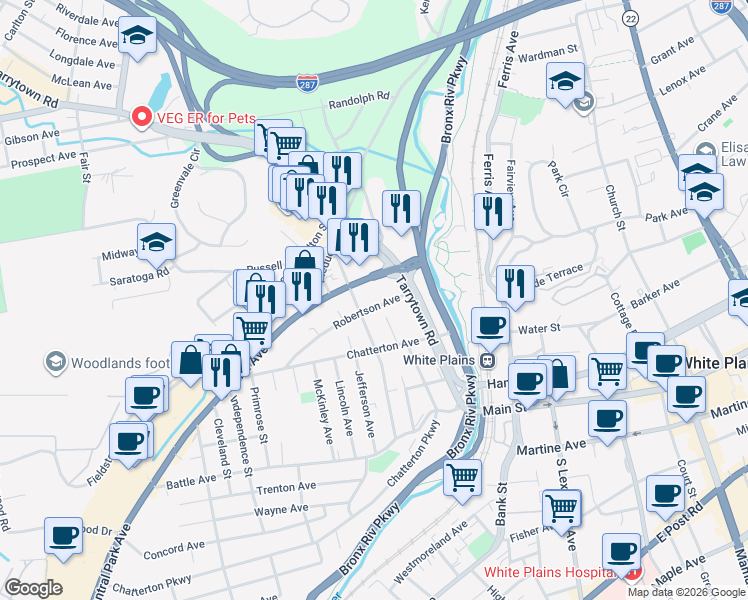 map of restaurants, bars, coffee shops, grocery stores, and more near 37 Robertson Avenue in White Plains