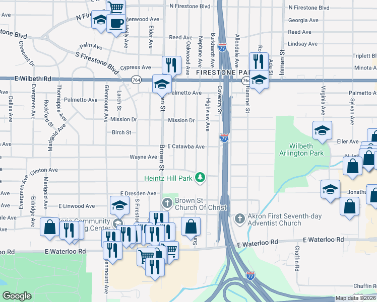 map of restaurants, bars, coffee shops, grocery stores, and more near 1685 Oakwood Avenue in Akron