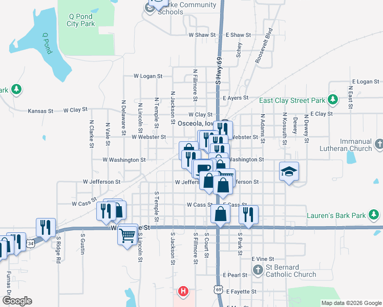 map of restaurants, bars, coffee shops, grocery stores, and more near 201 West Washington Street in Osceola