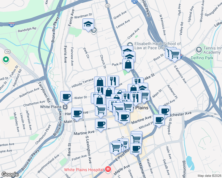 map of restaurants, bars, coffee shops, grocery stores, and more near Barker Avenue in White Plains