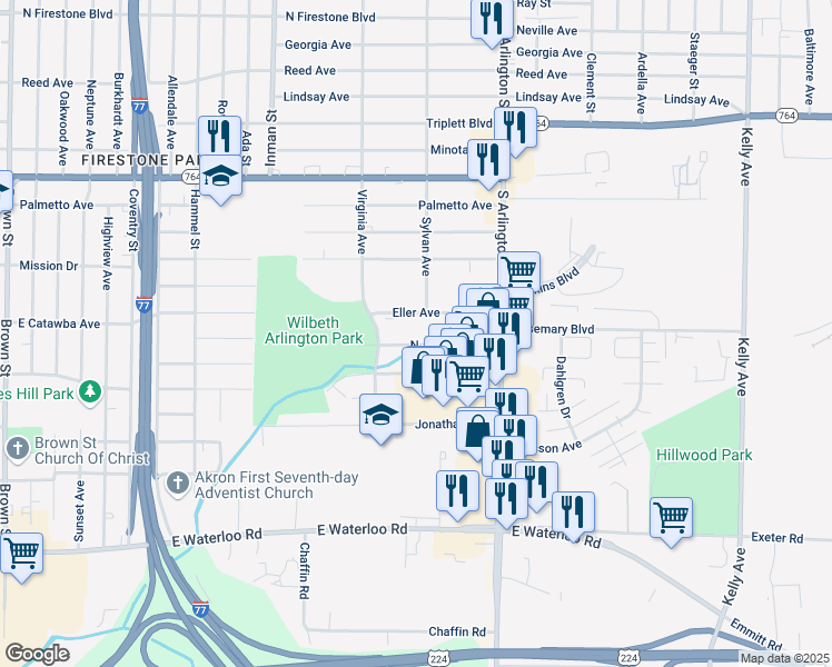 map of restaurants, bars, coffee shops, grocery stores, and more near 888 Eller Avenue in Akron