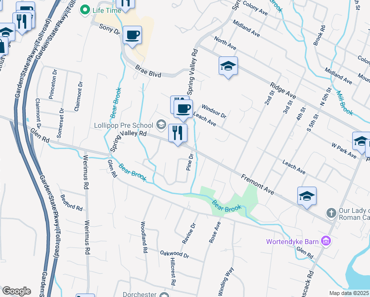 map of restaurants, bars, coffee shops, grocery stores, and more near 165 Fremont Avenue in Park Ridge