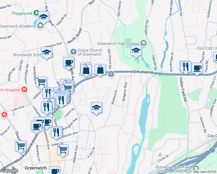 map of restaurants, bars, coffee shops, grocery stores, and more near 5 Putnam Hill Road in Greenwich