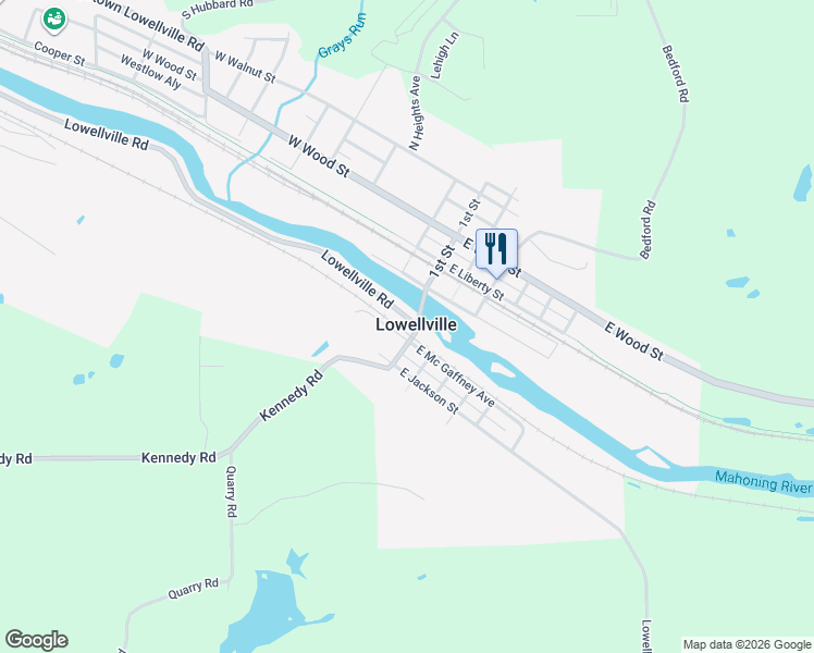 map of restaurants, bars, coffee shops, grocery stores, and more near 49 River Road in Lowellville