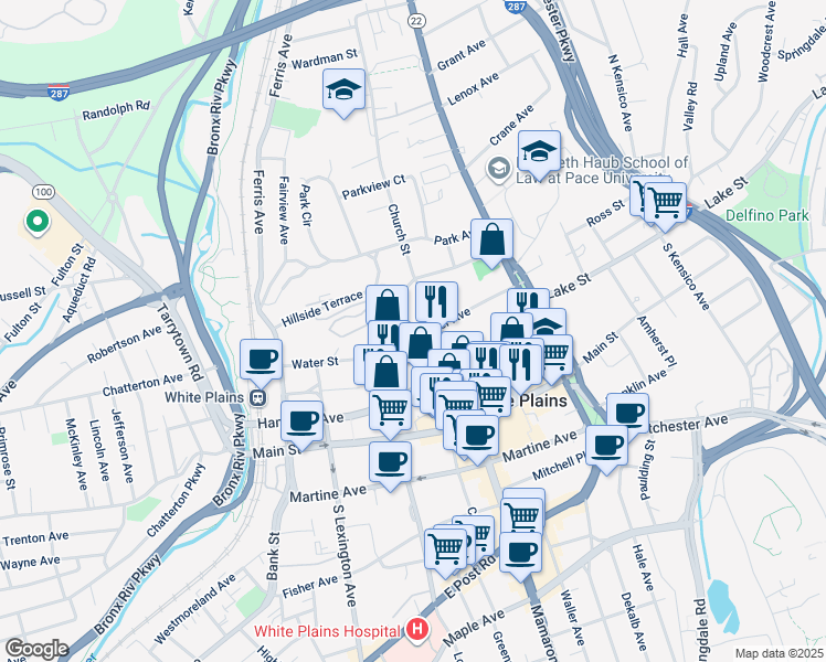 map of restaurants, bars, coffee shops, grocery stores, and more near 21 Barker Avenue in White Plains