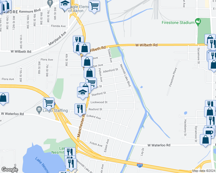 map of restaurants, bars, coffee shops, grocery stores, and more near 436 Celtic Street in Akron
