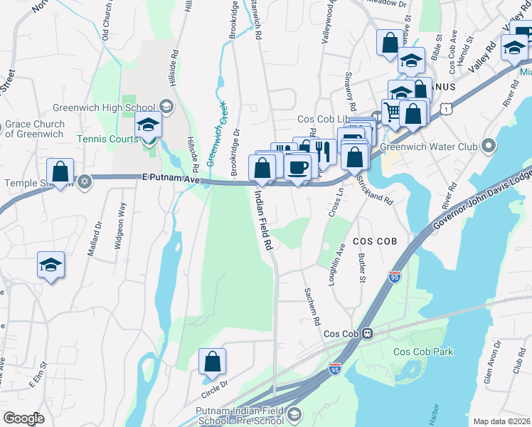map of restaurants, bars, coffee shops, grocery stores, and more near 25 Indian Field Road in Greenwich