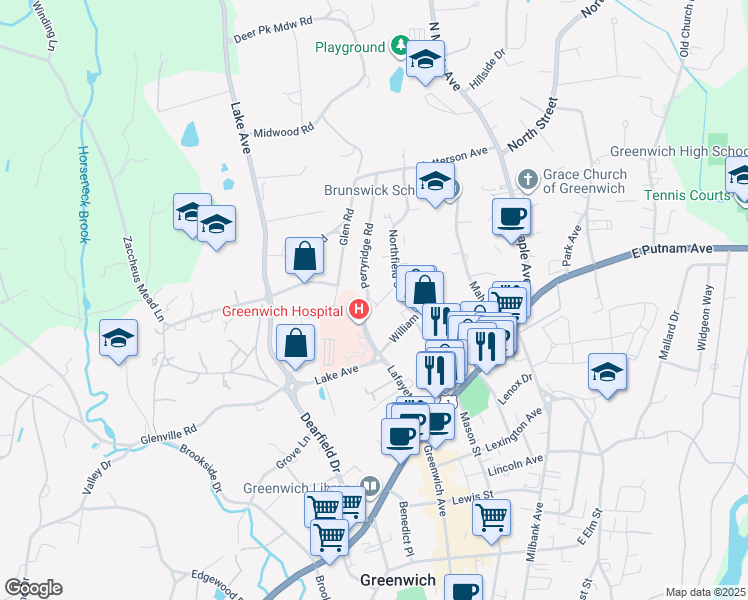 map of restaurants, bars, coffee shops, grocery stores, and more near 17 Division Street in Greenwich