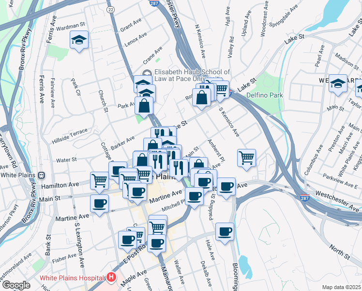 map of restaurants, bars, coffee shops, grocery stores, and more near 16 North Broadway in White Plains