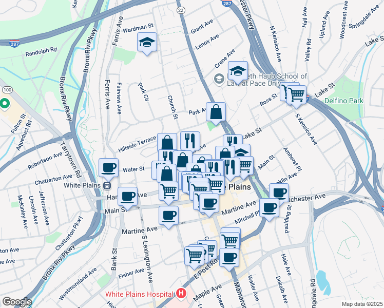 map of restaurants, bars, coffee shops, grocery stores, and more near 10 Cottage Place in White Plains
