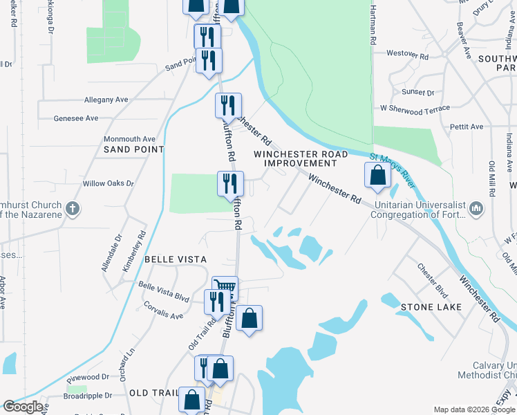 map of restaurants, bars, coffee shops, grocery stores, and more near 5300 Bluffton Rd in Fort Wayne