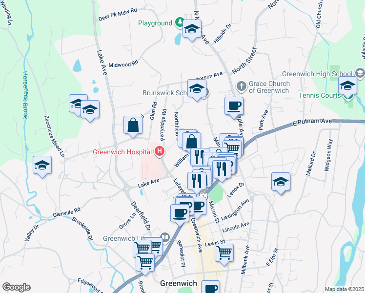 map of restaurants, bars, coffee shops, grocery stores, and more near 16 Northfield Street in Greenwich