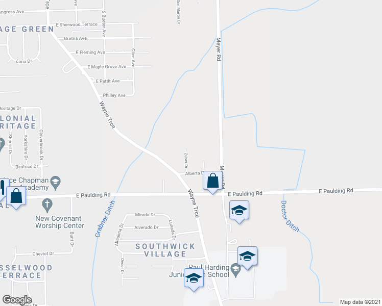 map of restaurants, bars, coffee shops, grocery stores, and more near 5513 Zuber Drive in Fort Wayne