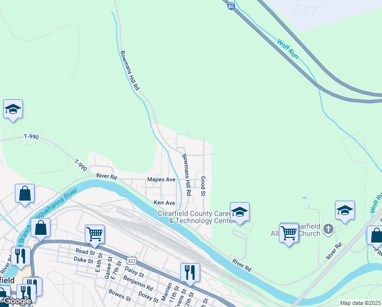 map of restaurants, bars, coffee shops, grocery stores, and more near 288 Bowmans Hill Road in Clearfield