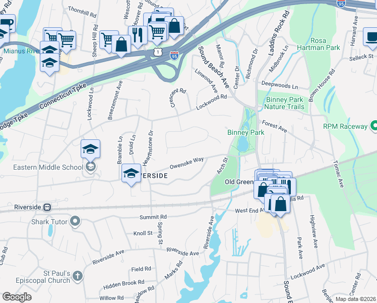 map of restaurants, bars, coffee shops, grocery stores, and more near 56 Winthrop Drive in Greenwich