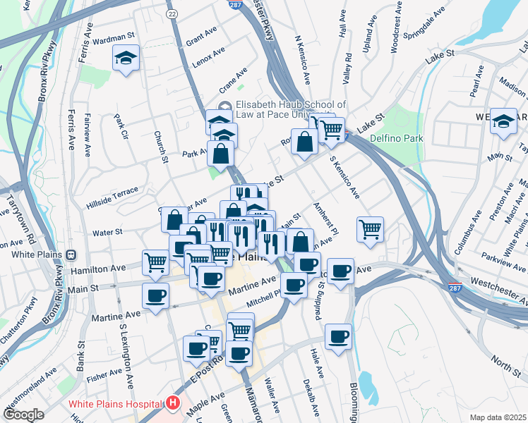 map of restaurants, bars, coffee shops, grocery stores, and more near 20 North Broadway in White Plains