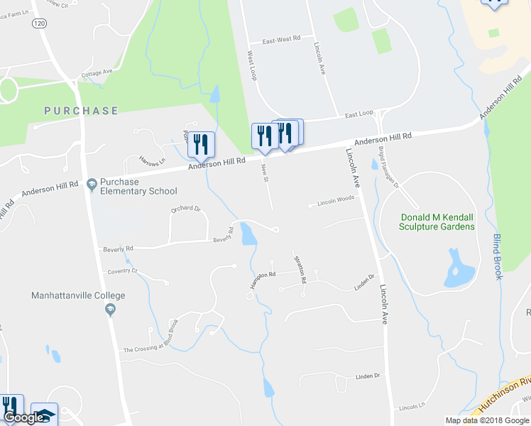 map of restaurants, bars, coffee shops, grocery stores, and more near 36 New Street in Purchase