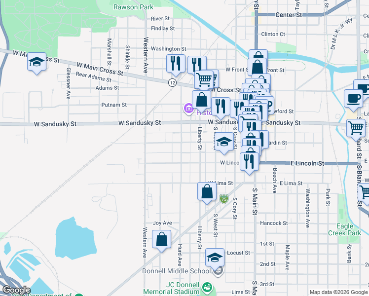 map of restaurants, bars, coffee shops, grocery stores, and more near 427 W Hardin St in Findlay