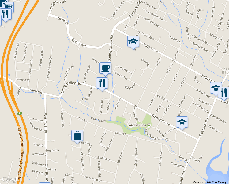 map of restaurants, bars, coffee shops, grocery stores, and more near 2 Williams Crest in Park Ridge