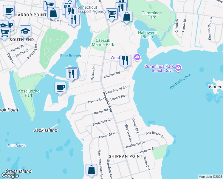 map of restaurants, bars, coffee shops, grocery stores, and more near 36 Auldwood Road in Stamford