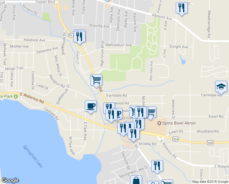 map of restaurants, bars, coffee shops, grocery stores, and more near 2713 Farmdale Road in Akron