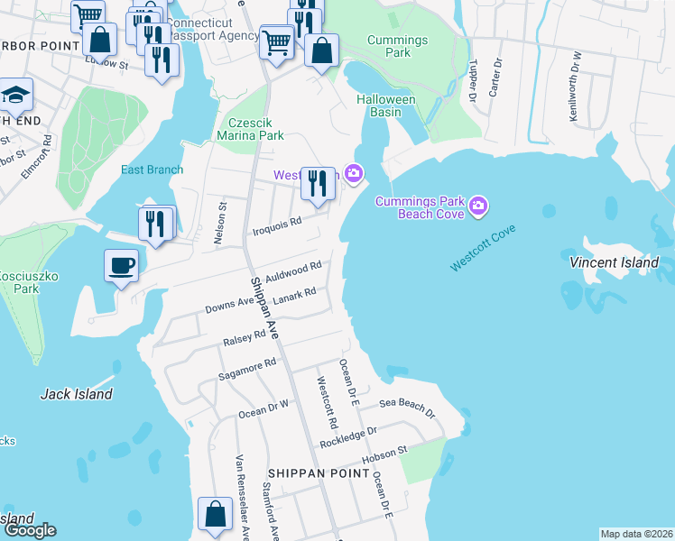 map of restaurants, bars, coffee shops, grocery stores, and more near 69 Auldwood Road in Stamford