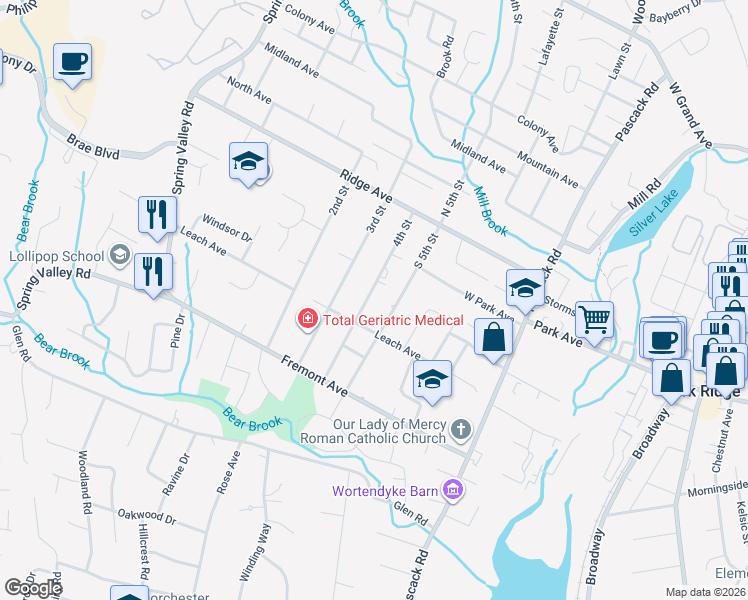 map of restaurants, bars, coffee shops, grocery stores, and more near 45 4th Street in Park Ridge
