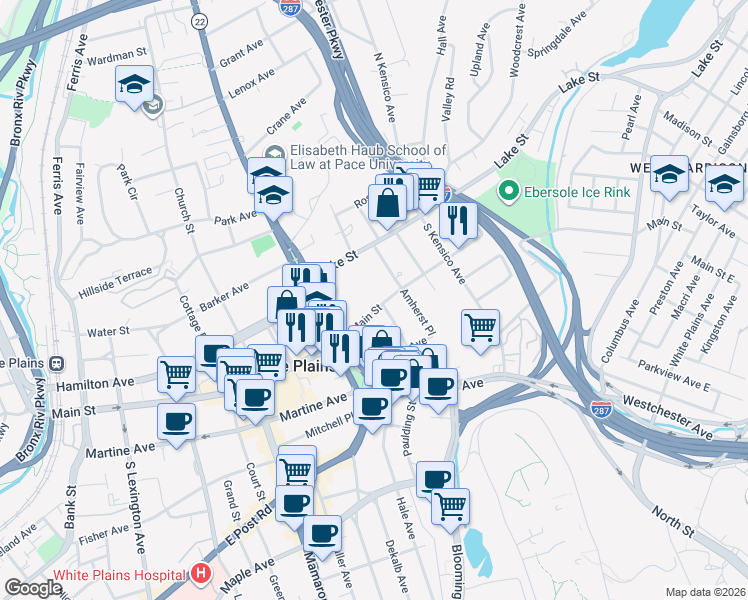 map of restaurants, bars, coffee shops, grocery stores, and more near 345 Main Street in White Plains