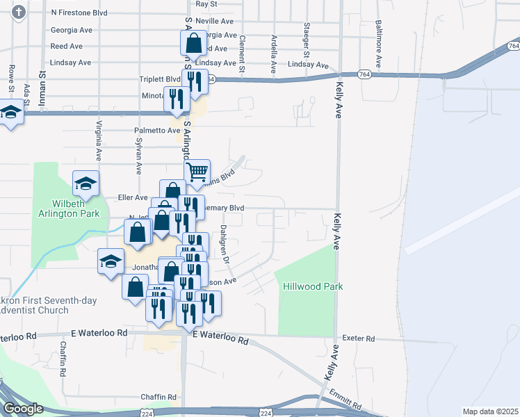 map of restaurants, bars, coffee shops, grocery stores, and more near 1011 Rosemary Boulevard in Akron