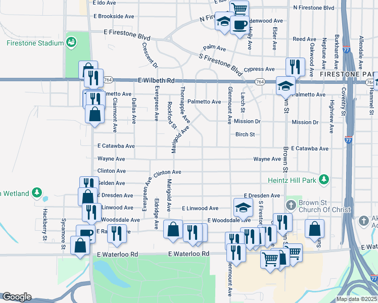 map of restaurants, bars, coffee shops, grocery stores, and more near 218 East Catawba Avenue in Akron
