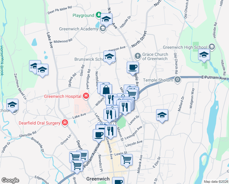 map of restaurants, bars, coffee shops, grocery stores, and more near 73 Sherwood Place in Greenwich