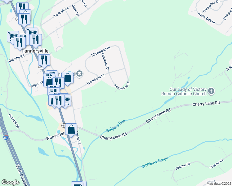 map of restaurants, bars, coffee shops, grocery stores, and more near Fernwood Drive in Tannersville