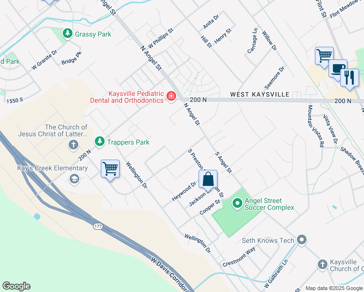 map of restaurants, bars, coffee shops, grocery stores, and more near 34 South Preston Street in Kaysville