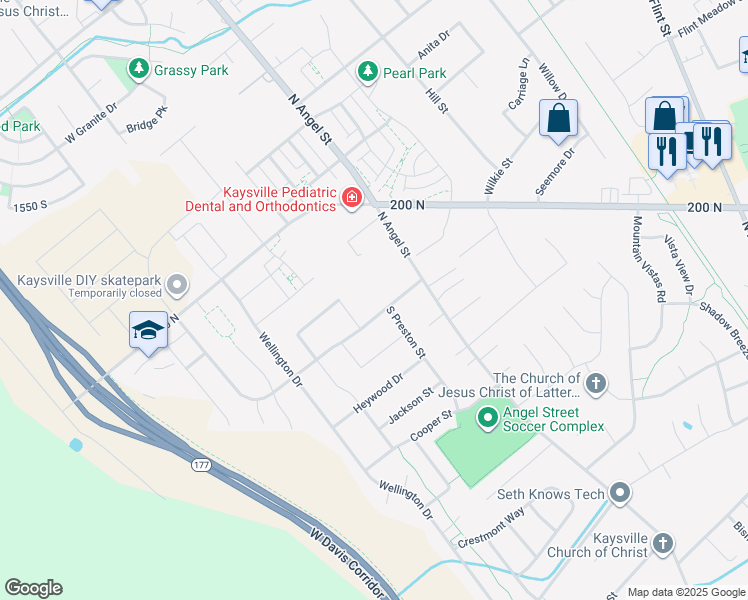 map of restaurants, bars, coffee shops, grocery stores, and more near 34 South Preston Street in Kaysville