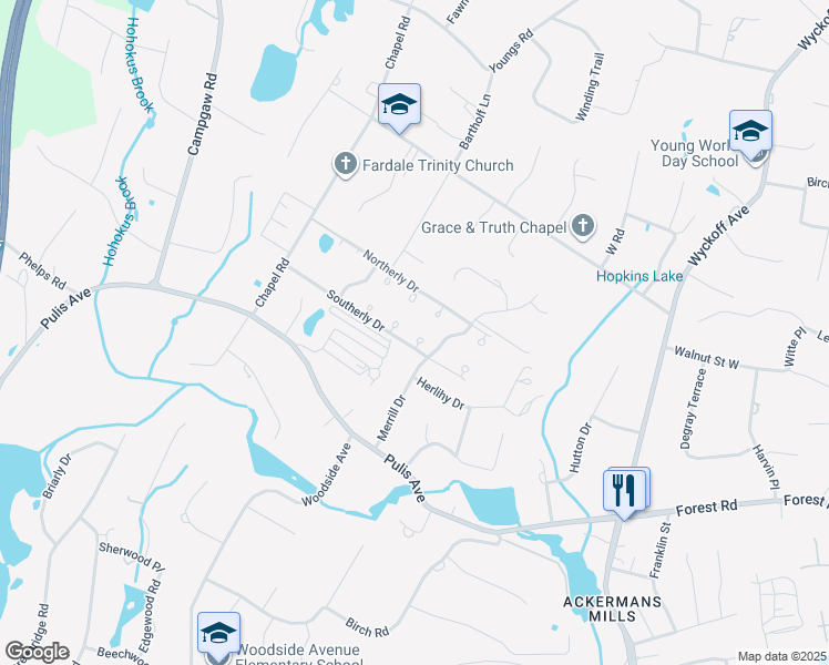 map of restaurants, bars, coffee shops, grocery stores, and more near 123 Frank Court in Mahwah