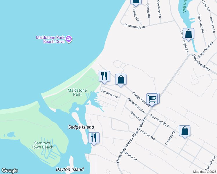 map of restaurants, bars, coffee shops, grocery stores, and more near 16 Maidstone Park Road in East Hampton