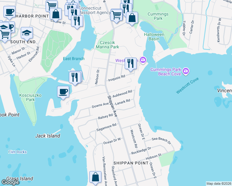 map of restaurants, bars, coffee shops, grocery stores, and more near 36 Auldwood Road in Stamford