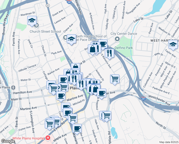 map of restaurants, bars, coffee shops, grocery stores, and more near 345 Main Street in White Plains