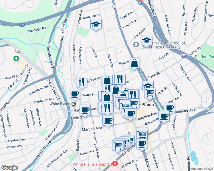map of restaurants, bars, coffee shops, grocery stores, and more near 12 Cottage Place in White Plains