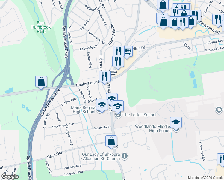 map of restaurants, bars, coffee shops, grocery stores, and more near 595 West Hartsdale Avenue in Hartsdale