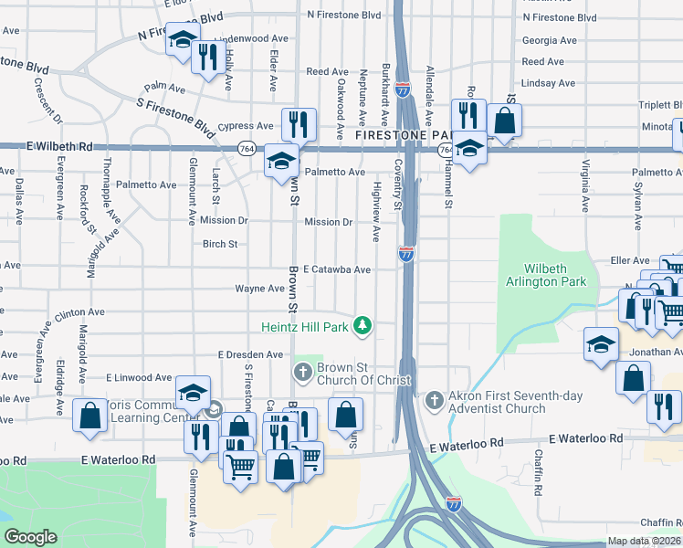 map of restaurants, bars, coffee shops, grocery stores, and more near 1685 Oakwood Ave in Akron