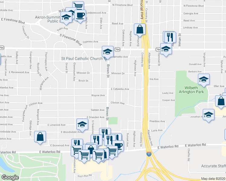 map of restaurants, bars, coffee shops, grocery stores, and more near 1684 Redwood Avenue in Akron